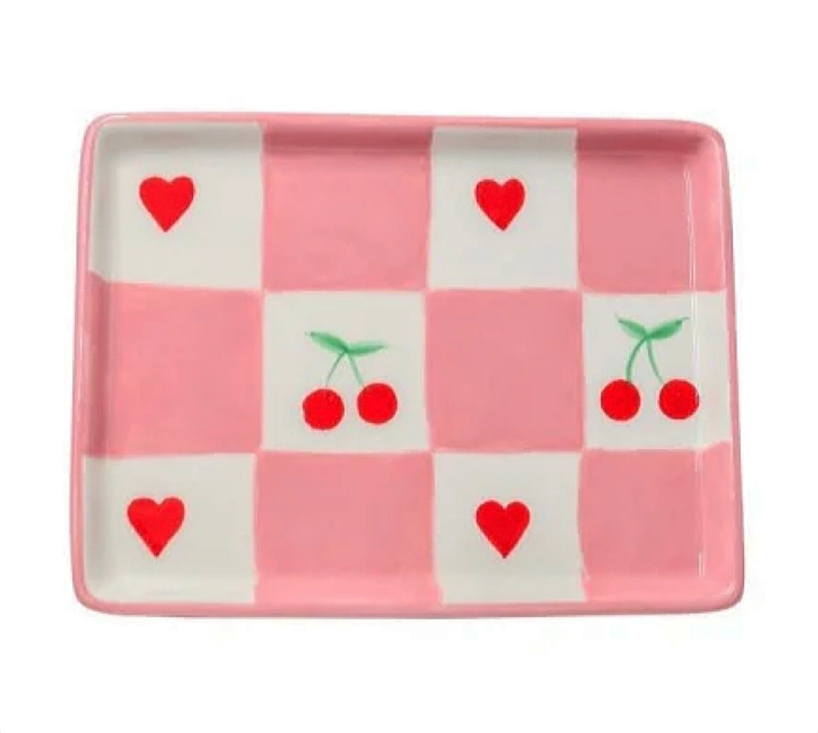 Pink Chequered Cherry & Heart Ceramic Mini Tray
