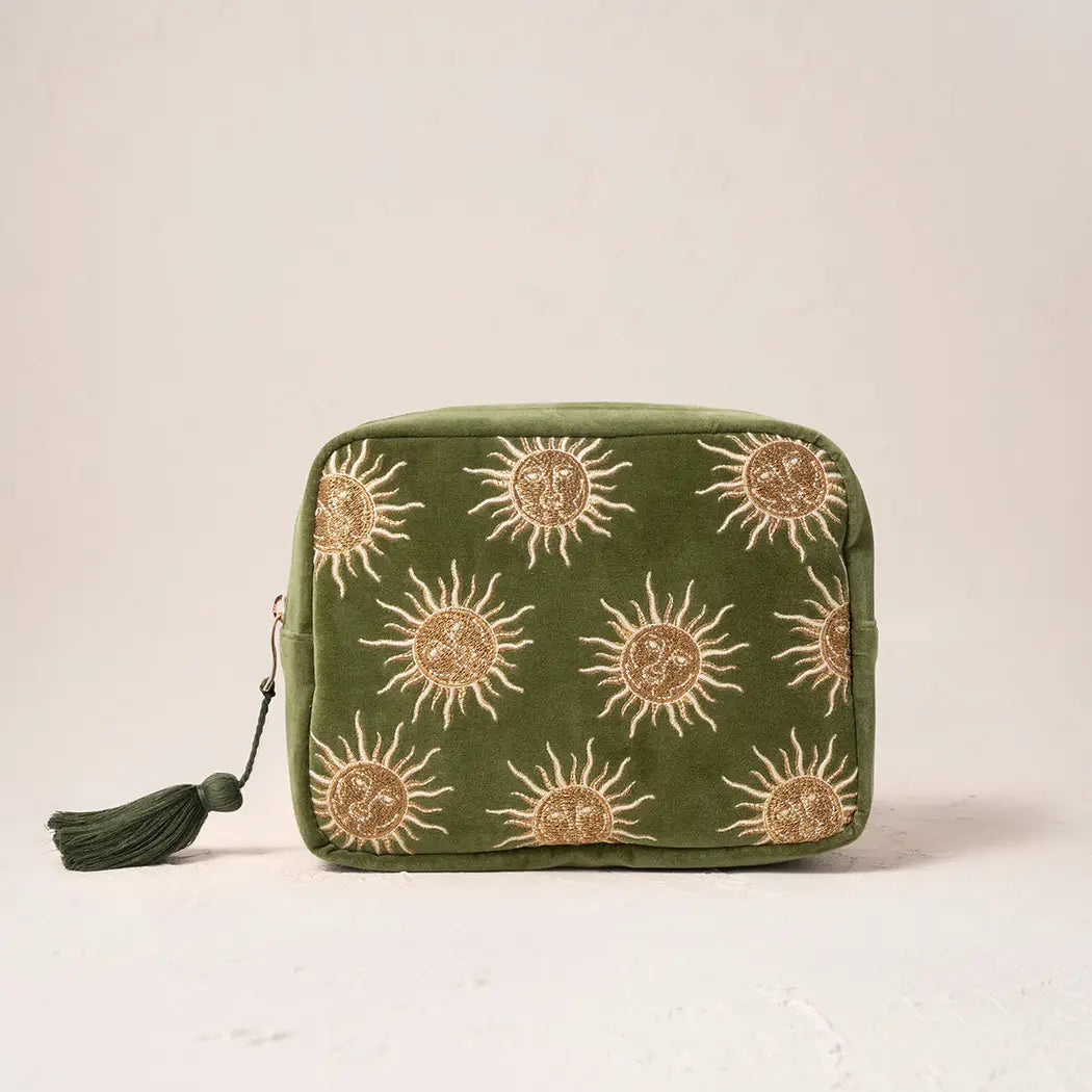 Elizabeth Scarlett
Sun Goddess Velvet Wash Bag in Fern Green
