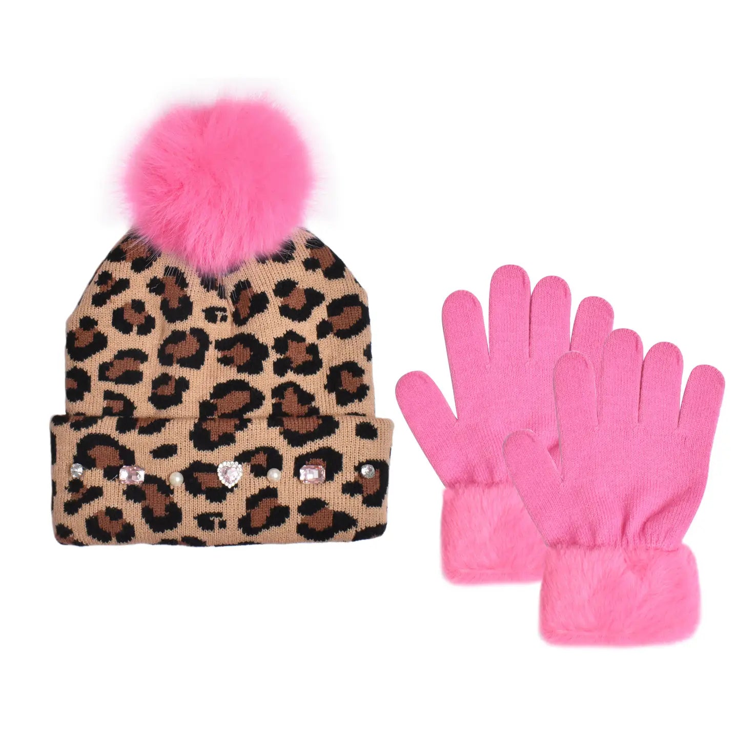 Leopard Print Childrens Hat & Glove Set