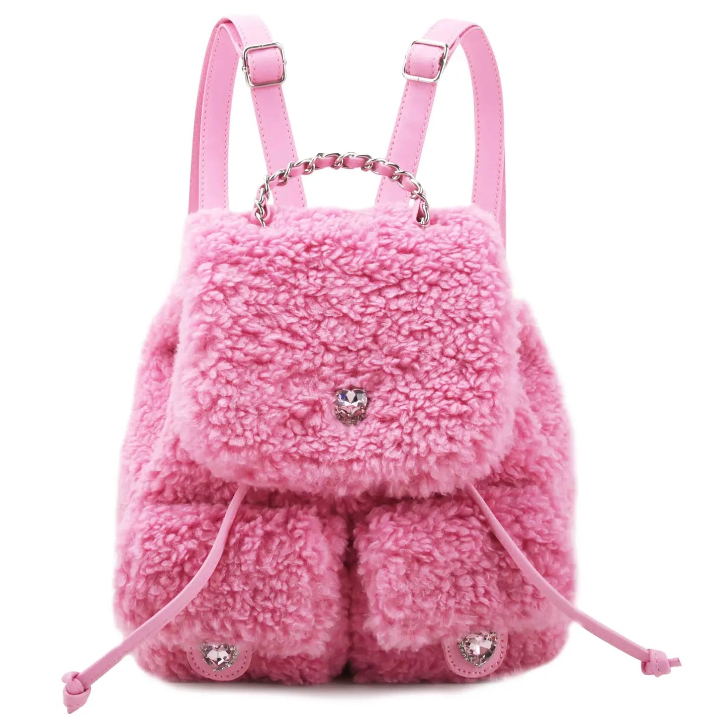 Pink Sherpa Mini Backpack With Heart Diamanté Detail