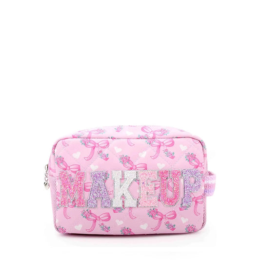 Pink Bow Makeup Pouch With Zip Detail