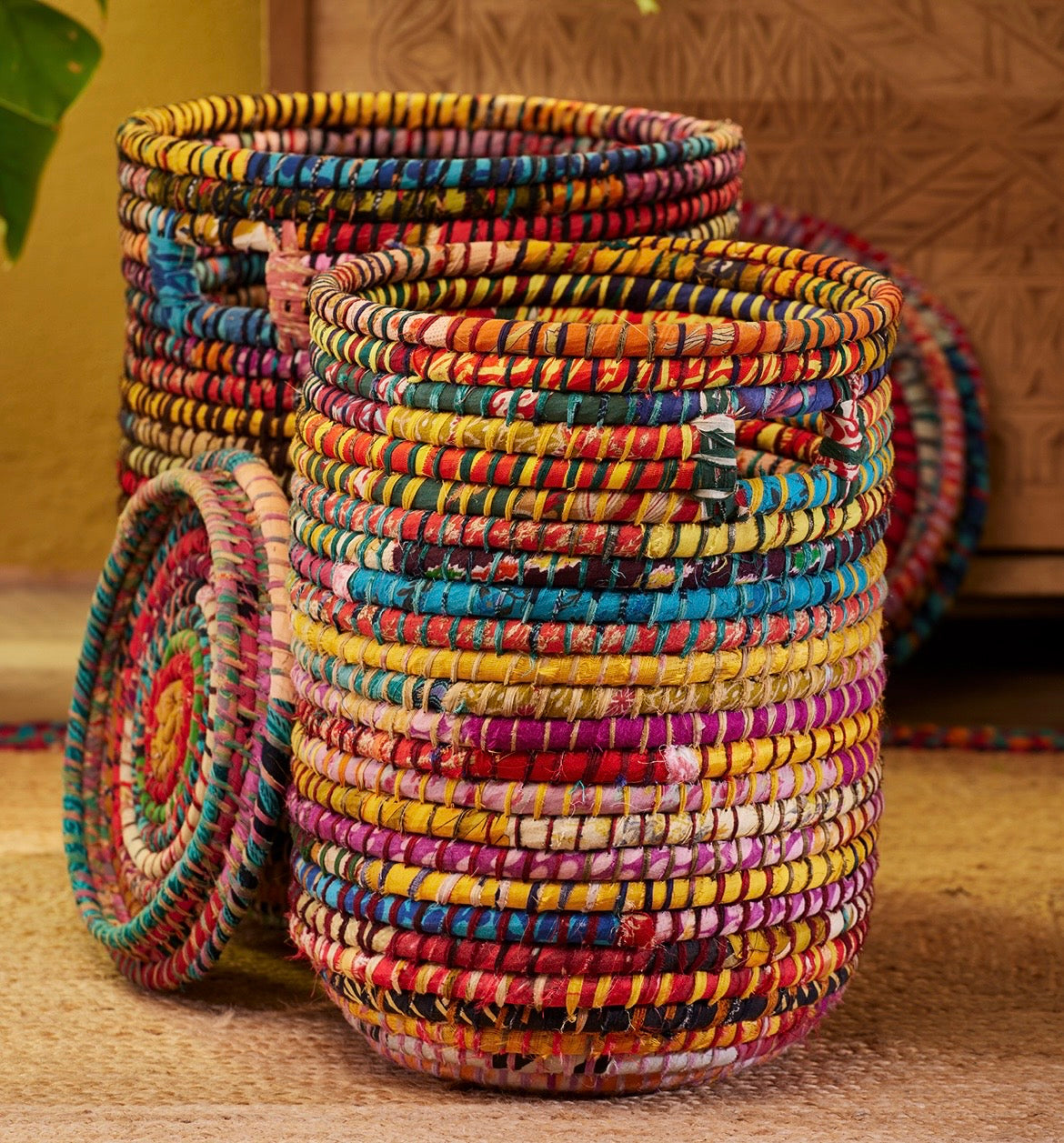 Recycled Sari & Seagrass Laundry Basket Set