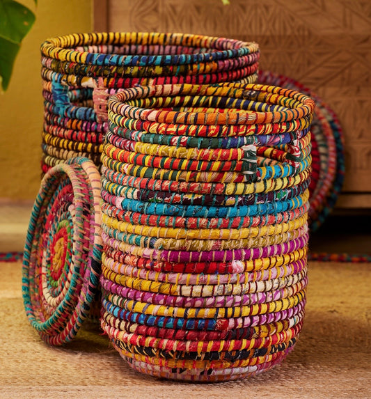 Recycled Sari & Seagrass Laundry Basket Set