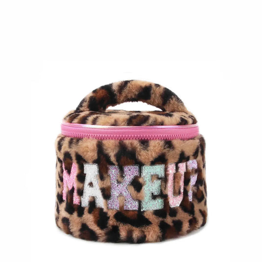 Leopard Print Round Makeup Bag With Pink Zip Detail