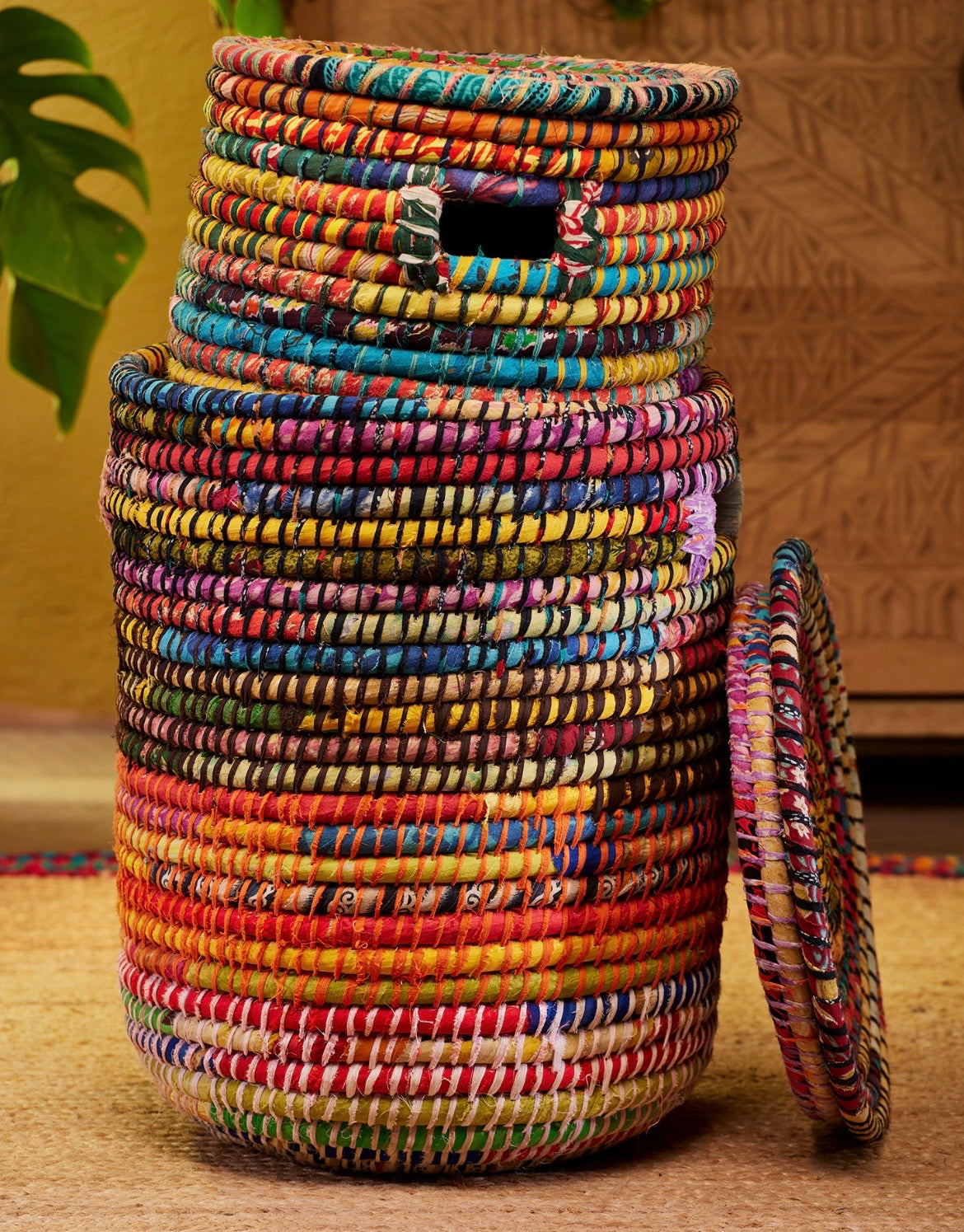 Recycled Sari & Seagrass Laundry Basket Set