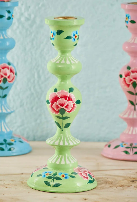 Mint Green Chrysanthemum Xl Hand Painted Candlestick