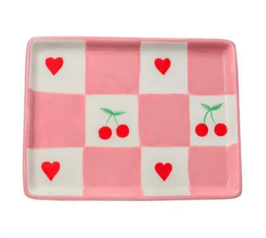 Pink Chequered Cherry & Heart Ceramic Mini Tray