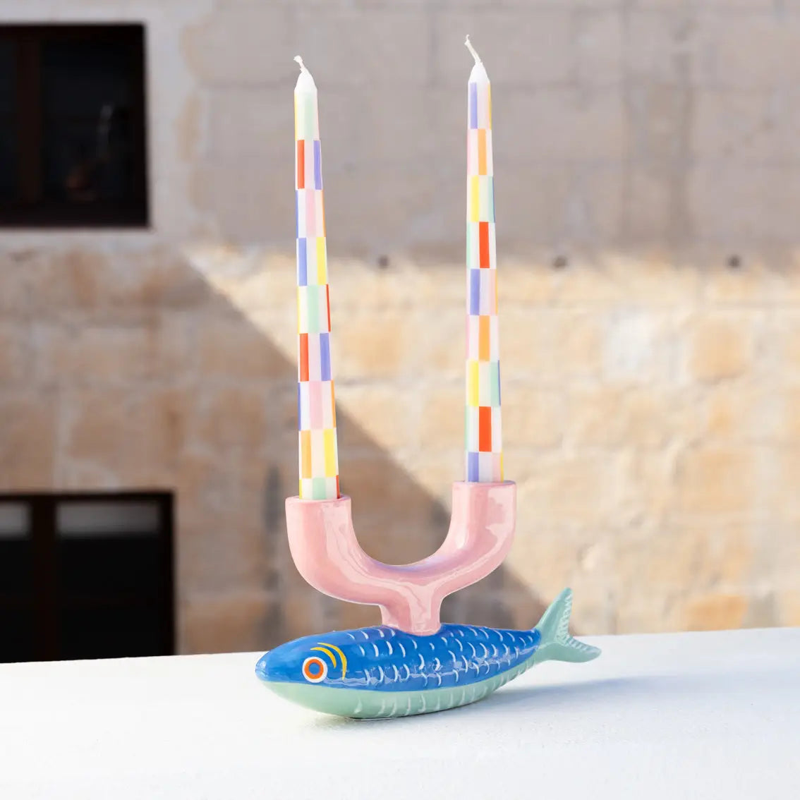 Pink Blue & Mint Ceramic Fish Candle Holder