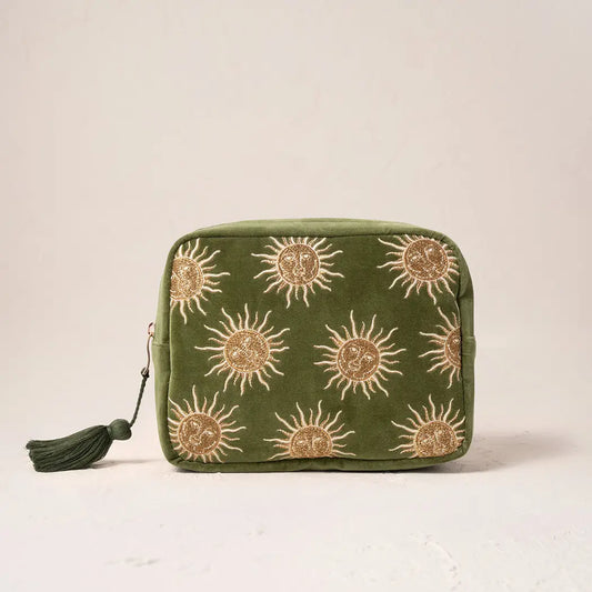 Elizabeth Scarlett
Sun Goddess Velvet Wash Bag in Fern Green