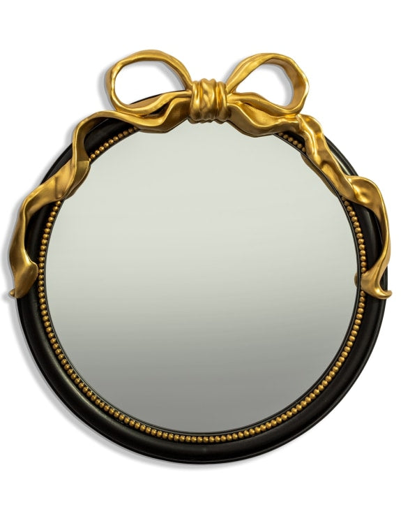BLACK WITH GOLD BOW ROUND WALL MIRROR
