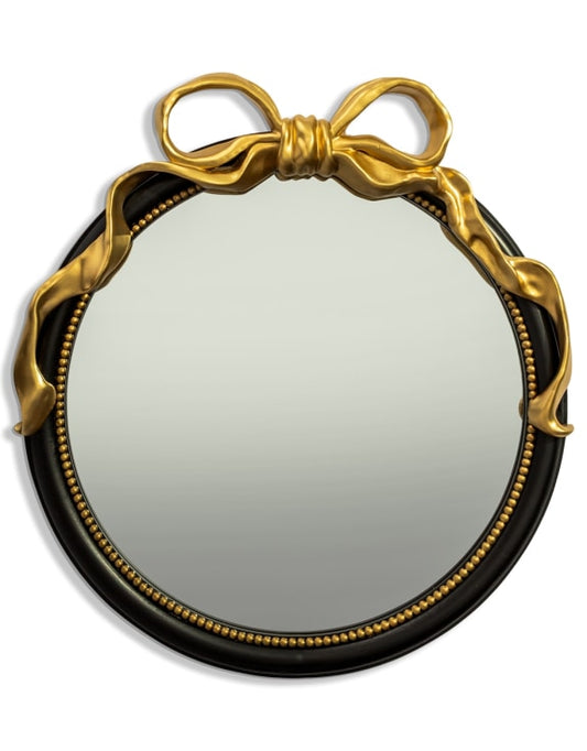 BLACK WITH GOLD BOW ROUND WALL MIRROR