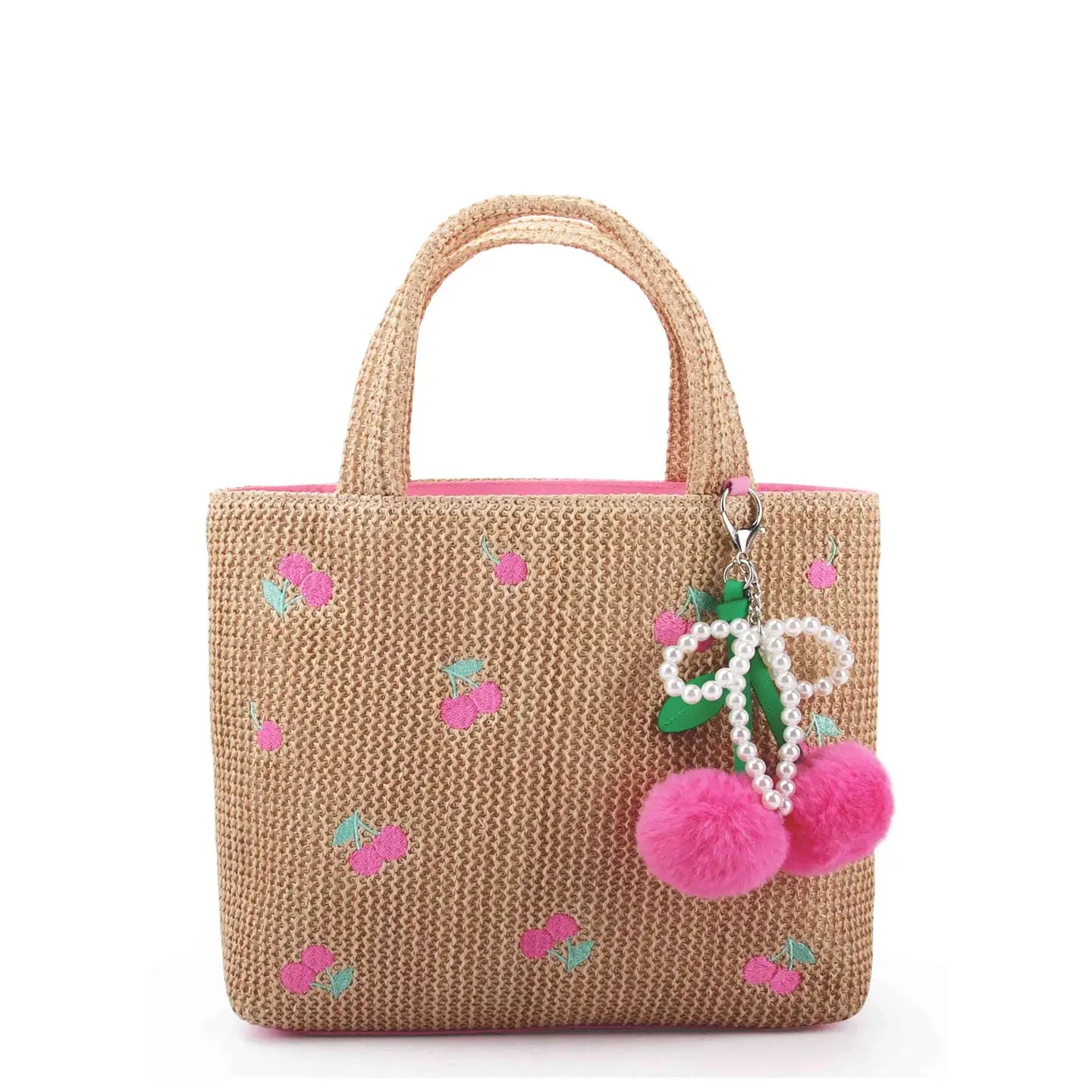 Cherry Patched Straw Mini Tote Bag with Charm (NEW SEASON)