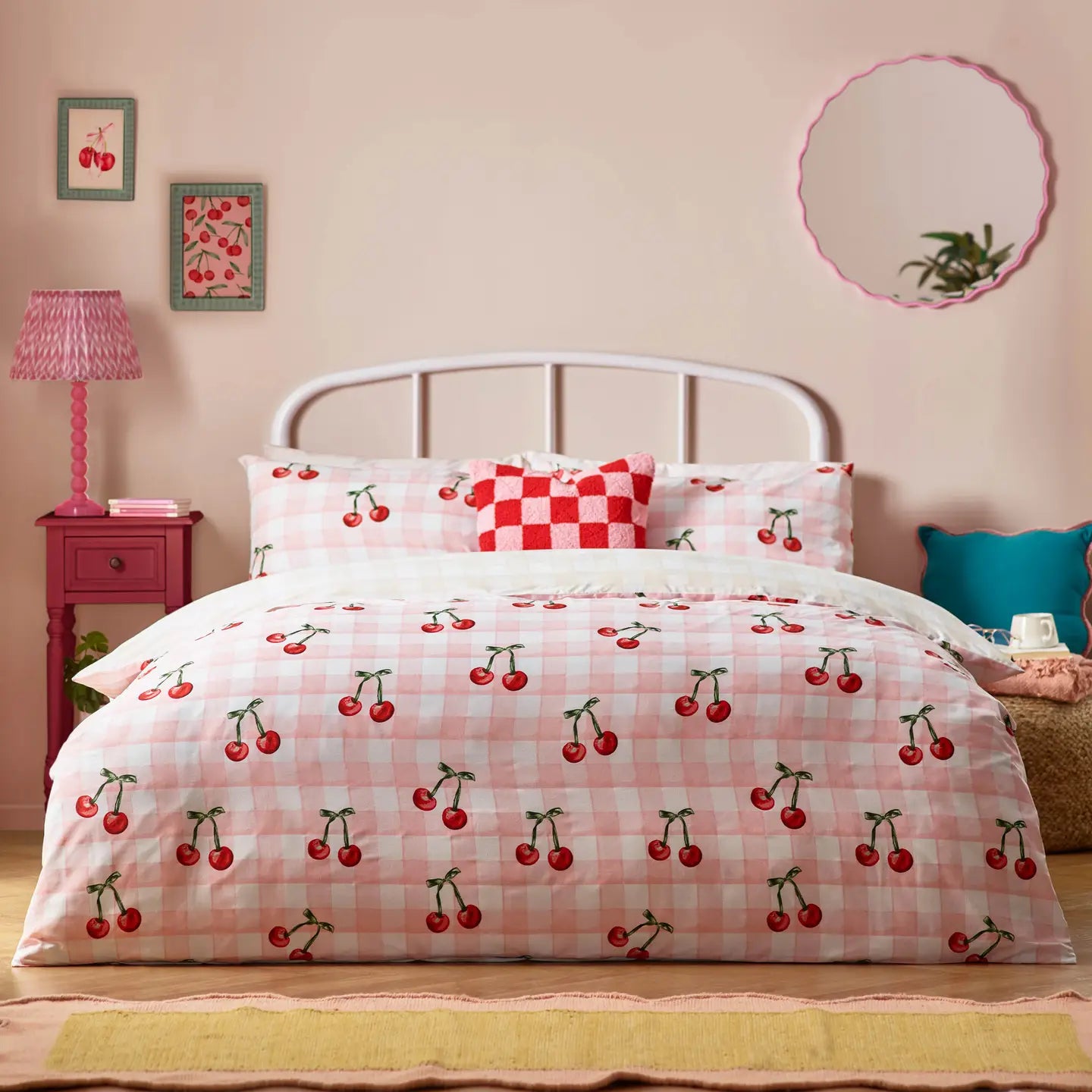 Cherry Gingham Printed Duvet Cover Set Pink