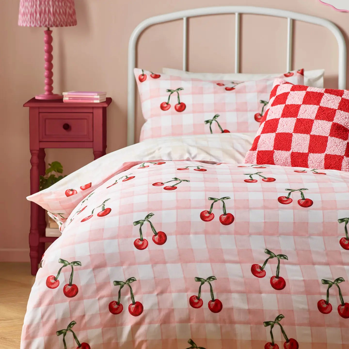 Cherry Gingham Printed Duvet Cover Set Pink