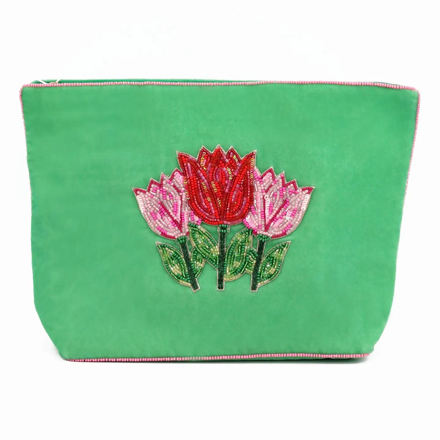Multi Tulips On Green Large Pouch Bag