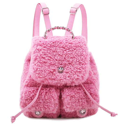 Pink Sherpa Mini Backpack With Heart Diamanté Detail
